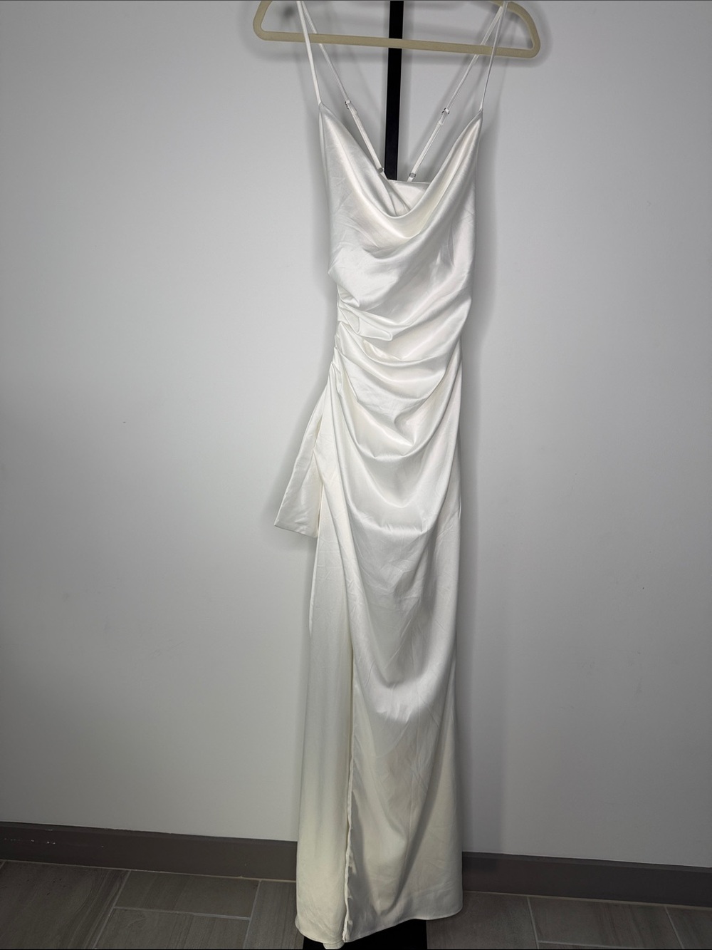 Elegant White Satin Cowl Neck Strapless Gown